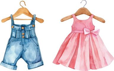 Watercolor elements for a baby shower party. Pink dress and blue jumpsuit on a wooden hanger. Elements for a baby shower. 