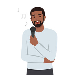 Young bearded man singer singing song with microphone. Flat vector illustration isolated on white background