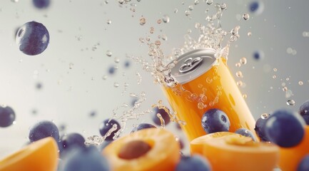 Aluminum can with refreshing cold sparkling fruit juice drink. Product mockup of a soda tin can flying in the air with peaches and grapefruits. Juice drops, splashes floating around, pastel background