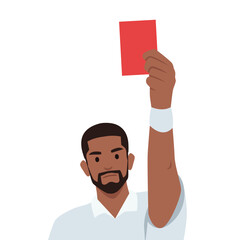 Young man soccer judge standing and showing red card to player whistling during game. Flat vector illustration isolated on white background