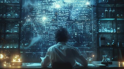 A chemist writing equations on a board, copy space, theoretical chemistry theme, ethereal, composite, academic classroom backdrop