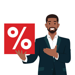 Satisfied businessman holding paper and showing with percent sign inscription. Flat vector illustration isolated on white background