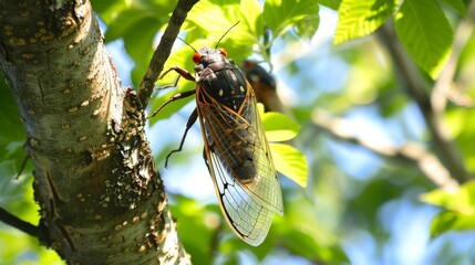 Close-Up of Cicada Perched on Tree Bark in Sunlight