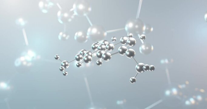 Harmine rotating 3d molecule, molecular structure of beta-carboline, seamless video