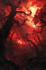 Fototapeta premium A Red Forest: An Epic Journey into the Heart of a Mystical Landscape