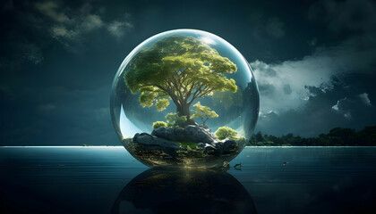 Glass ball with tree inside of it floating in body of water