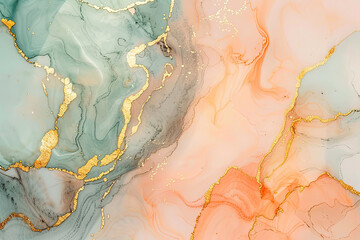 Peach and green marble alcohol ink background, with gold accents. Created with Ai
