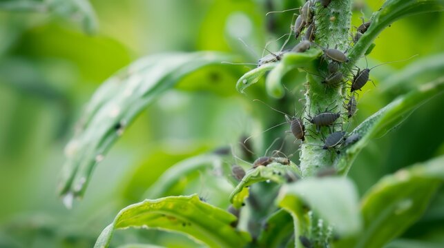 Close-up of Aphids Infesting Green Plant Stalk in Nature