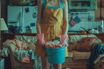 A Woman in an Apron Holding a Bucket of Laundry