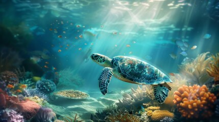 Fototapeta premium Vibrant Underwater Scene with Sea Turtle