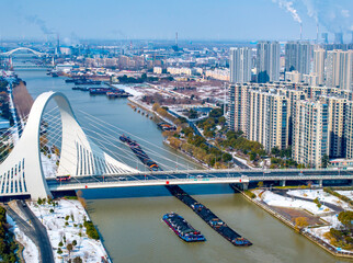 Aerial photography of busy transportation operations along the Beijing-Hangzhou Grand Canal in Huai...