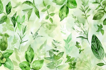 Light Green Background with Watercolor Herbs: A light green background with detailed watercolor illustrations of various herbs such as basil, rosemary
