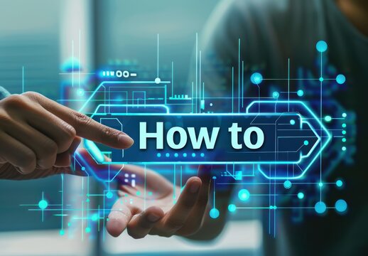 Close up of man hand pointing at abstract glowing how to hologram on blurry night city background. Future and technology concept. Double exposure.