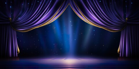 Blue purple Golden Curtain Stage Award Background. Trophy on Red Carpet Luxury Background.