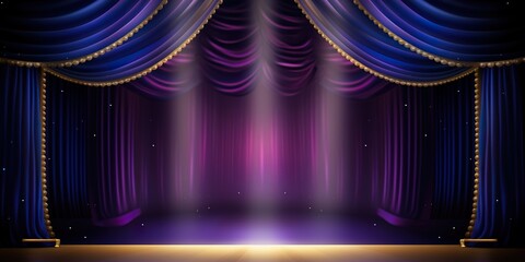 Blue purple Golden Curtain Stage Award Background. Trophy on Red Carpet Luxury Background.