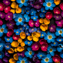 Vibrant pattern of flowers with a dominant presence of blue and orange and purple hues. The flowers are colorful Forget-me-nots.
