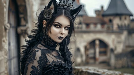 Gothic themed portrayal of a woman with a captivating allure, dressed in cat cosplay that melds sophistication with a hint of the wild, against backdrop of an old, mysterious castle, ai generated	