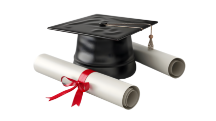 Graduation cap with a degree isolated on a transparent background, PNG, Ai