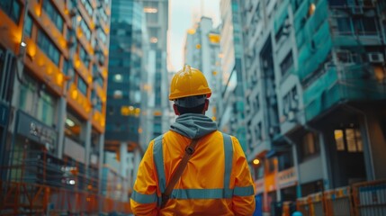 Obraz premium A civil engineer inspecting a construction site, focus on, project management theme, vibrant, blend mode, urban development backdrop
