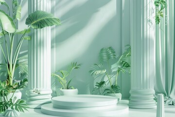 A green room with a white wall and pillars