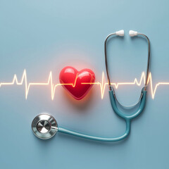 Modern stethoscope with red stylized human heart beats rhythm on light blue background