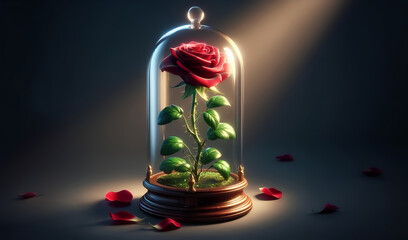 A realistic red rose in a glass case and sparkling with light.