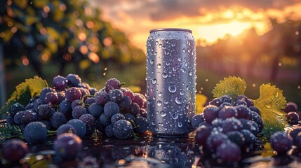 Aluminum tin can with grape vine, dark background, drink advertising concept.
