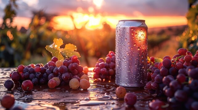 Aluminum tin can with grape vine, dark background, drink advertising concept.