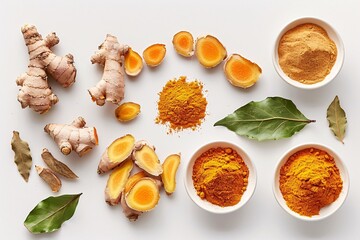 Gourmet Spices Display: Turmeric, Cinnamon, and Ginger