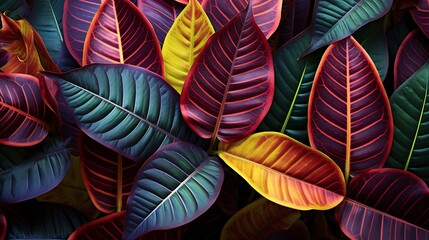 Macro photography of the vibrant, patterned leaves of a croton plant, their dramatic colors symbolizing diversity and flair.
