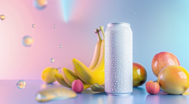 can mockup, beverage mock up with fruits background, soda can mockup, Plain white colour 355ml can, floating beverage can mockup with colorful background with ice cubes fruits
