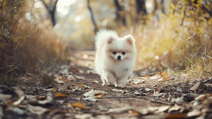 Pomeranian puppy with white fluffy fur walking on a hiking trail discovering the scenery Vintage style photograph