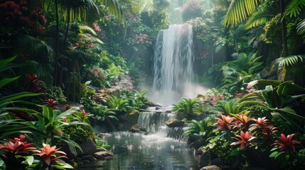 A lush rainforest features a winding path that winds through dense foliage.