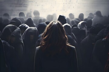 Obraz premium A depressed woman walks through a society full of unknown and judging people, highlighting emotional struggle and societal pressure.