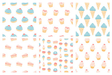 Bakery seamless patterns set cupcake muffin doodle