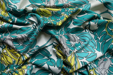 Texture of draped blue green, white, yellow and grey polyester fabric