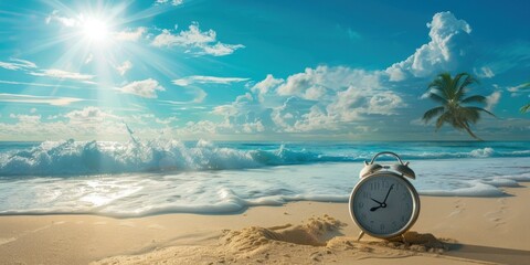 Morning of a new day, alarm clock on the beach sunlight in morning. Health concept.
