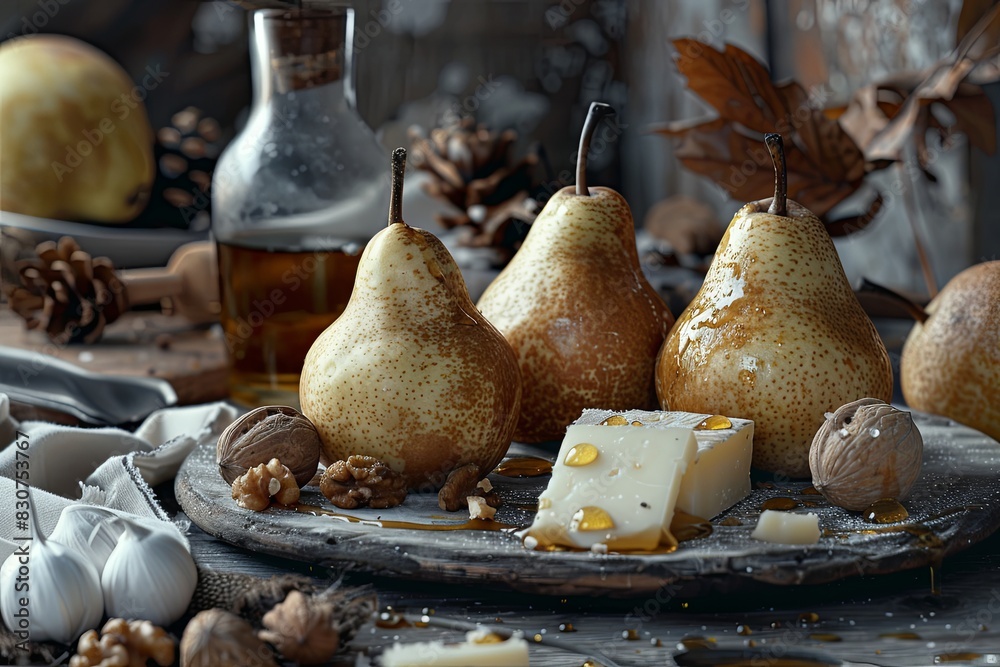 Sticker Organic Pears with Cheese and Nuts: A banner presenting fresh organic pears alongside cheese, nuts, and a honey drizzle