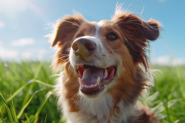 Happy dog walking in a summer meadow among flowers. Blue sky, sun. Portrait of friendly Australian...
