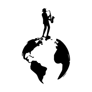 recommend clip art: Vector illustration of man playing saxophone, standing on earth on transparent background