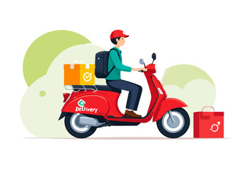 a man riding a red scooter with boxes on the back