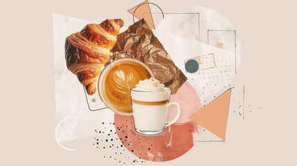 latte coffee and croissant bread, breakfast on paper, retro collage art