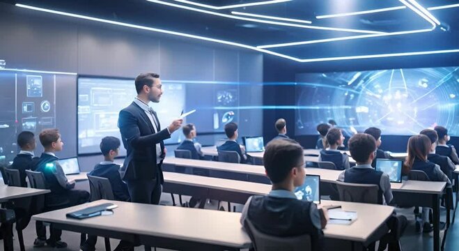 A teacher instructs students in a high-tech, futuristic classroom equipped with advanced digital screens and modern technology.
