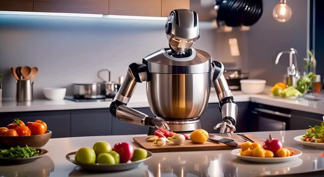 A sleek robot chef is seen preparing fresh ingredients in a modern kitchen, highlighting the integration of advanced robotics in daily life.
