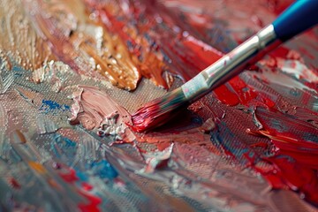 Close-up of an artist's painting with a brush and red oil on canvas