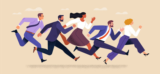 Business rivalry concept. Vector illustration in flat style of a group of diverse people in business attire running in a race. Isolated on background 