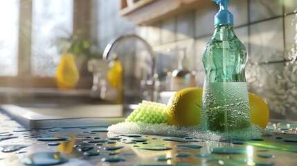 Dishwashing liquid and sponge, next to a kitchen sink, high detail