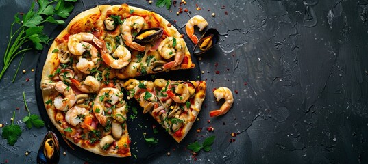 Seafood Pizza: A gray background showcases a top-down view of a seafood pizza split in half, topped with shrimp, calamari, mussels,