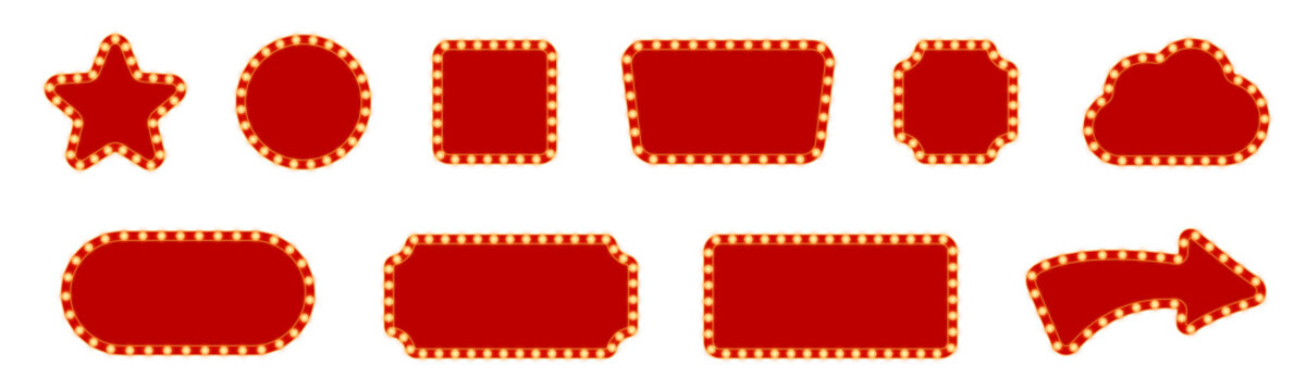 Realistic retro square, circle, star and cloud shape marquee billboard for decoration. Isolated over transparent