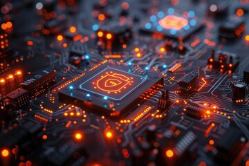 Obraz premium A computer chip with a blue and orange shield on it